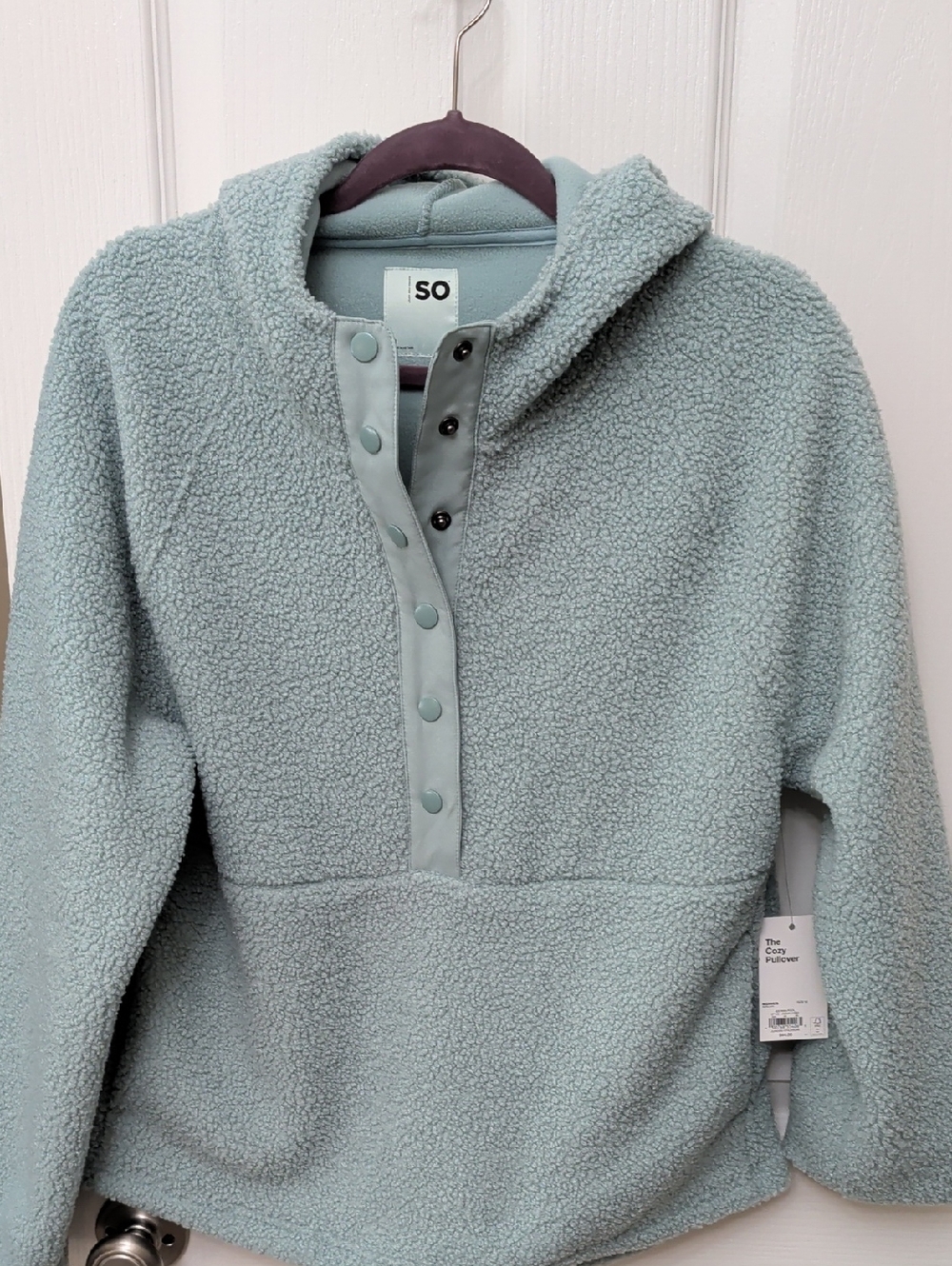 SO NWT Cozy Sherpa Pullover Hoodie Medium Mint Blue Green Aqua Soft Snap Fleece